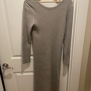 Gray Ribbed Knit Sweater Dress